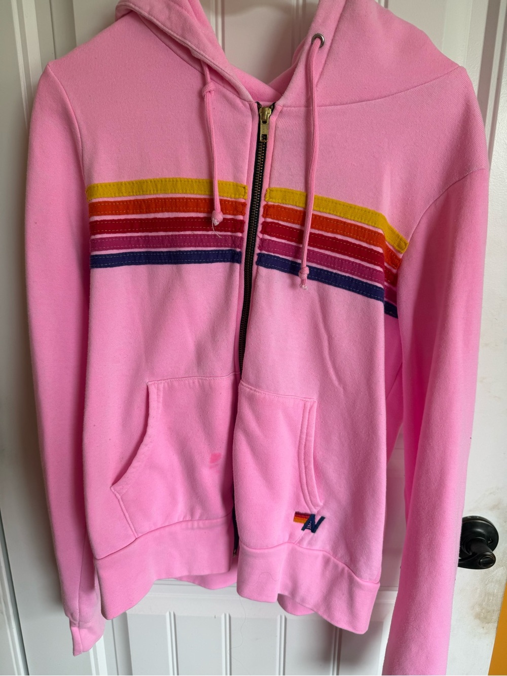 Aviator Nation Zip-Up Hoodie with Rainbow Stripes- Small with callouts